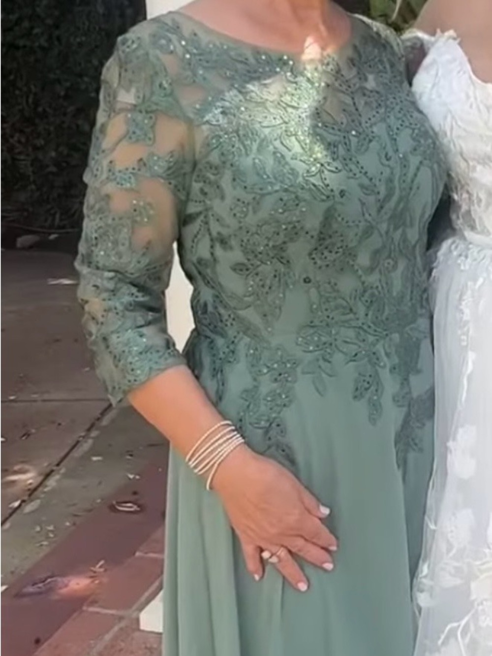 Embroidered Sage Green Long Sleeve Evening Dress